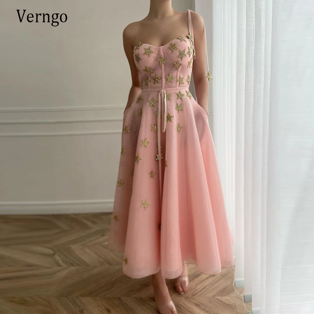 

Verngo 2021 Pink A Line Short Prom Dresses With Gold Stars One Straps Pockets Party Evening Gowns Tea Length Formal Event Dress