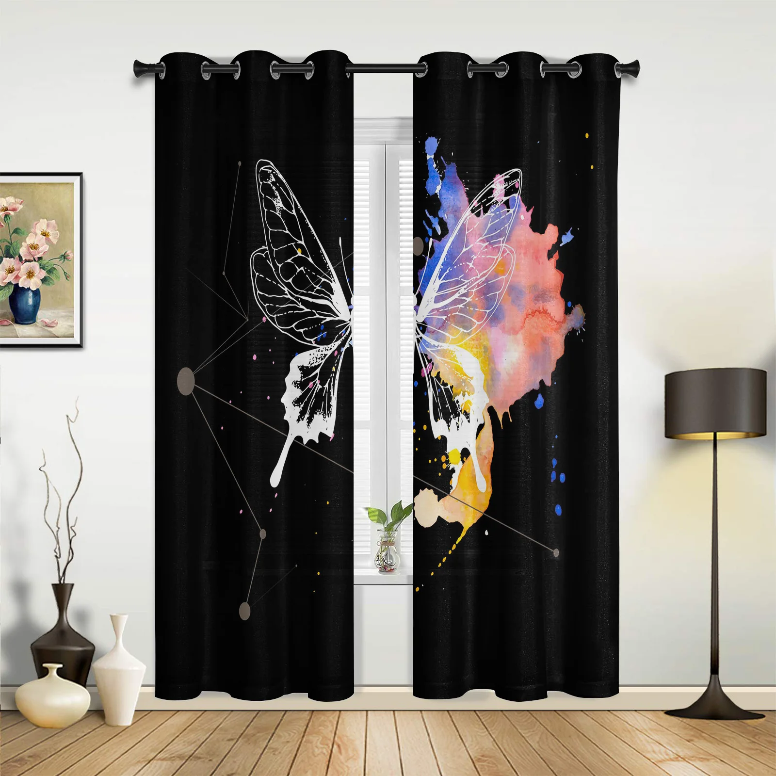 Butterfly Watercolor Lines Large Curtains For Living Room Window Curtain Bedroom Kitchen Balcony Gazebo Curtain Room Divider