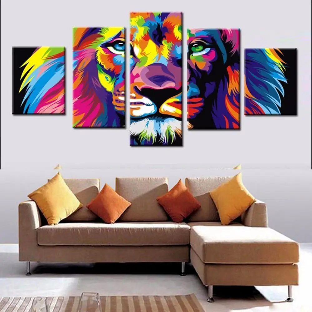 

5 Pieces Wall Art Canvas Painting Colorful Lion Poster Modern Abstract Canvas For Living Room Decorative Pictures Frame