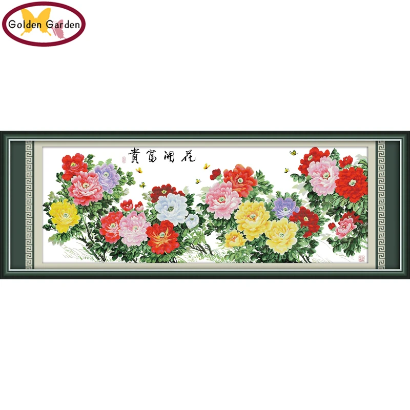 

GG Fortune Comes with Blooming Peony Chinese Flowers Needlework Cross Stitch Kits for Embroidery Home Decor Cross-stitch Set