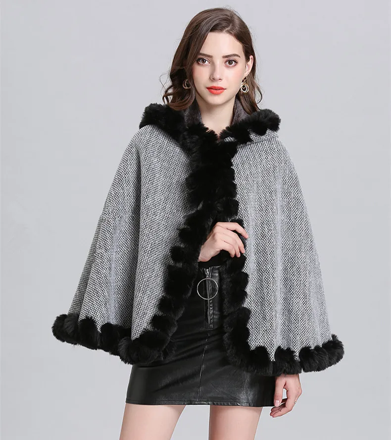 JaneVini Fashion Hooded Bridal Cape Faur Fur Coat Winter Shawl and Wrap Knitted Shoulder Bolero Women Shrugs Wedding Accessories