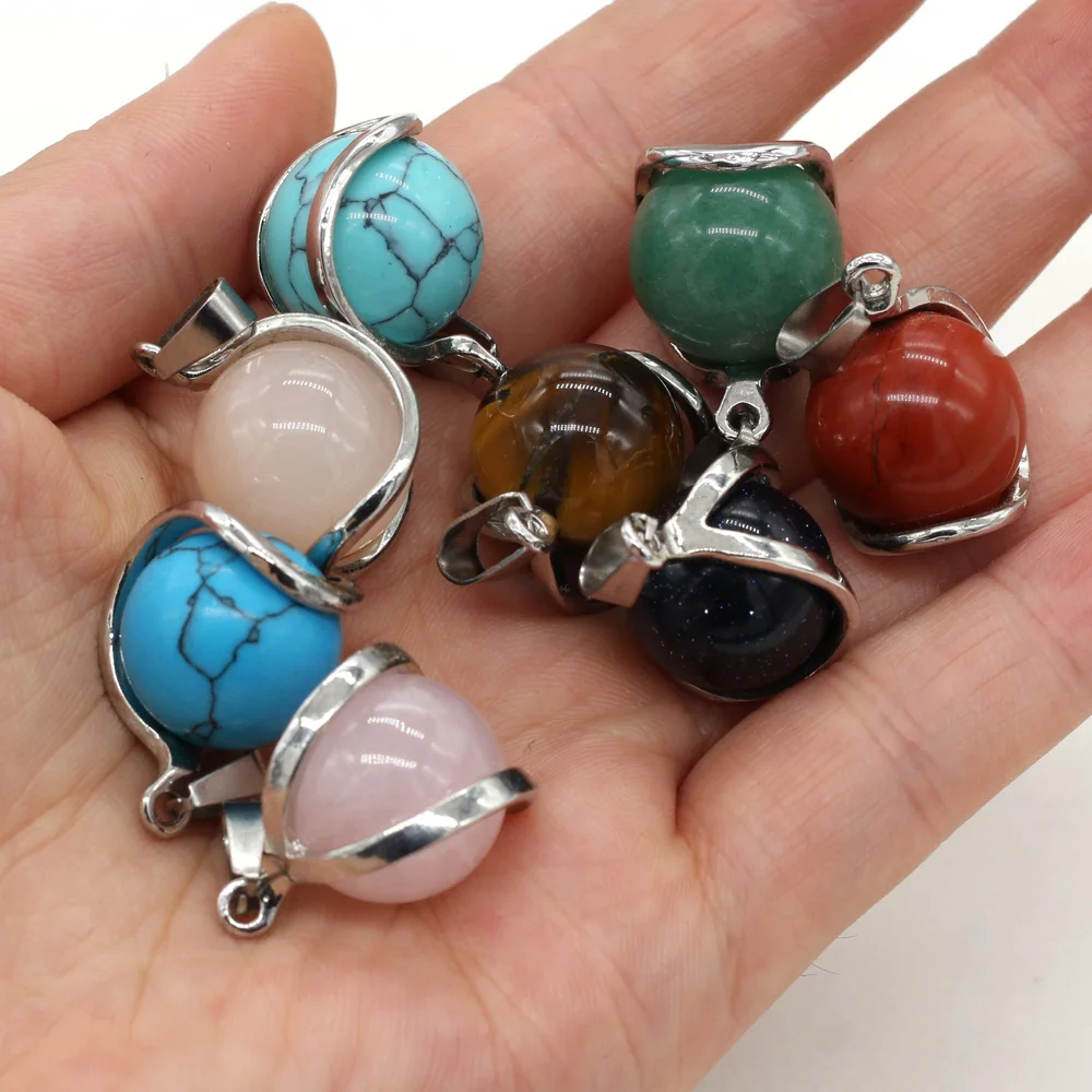 Natural Stone Rose Quartzs Tiger Eye Stone Pendants Metal Alloy Round Shape Stone Charms for Jewelry Making DIY Necklace 16x23mm