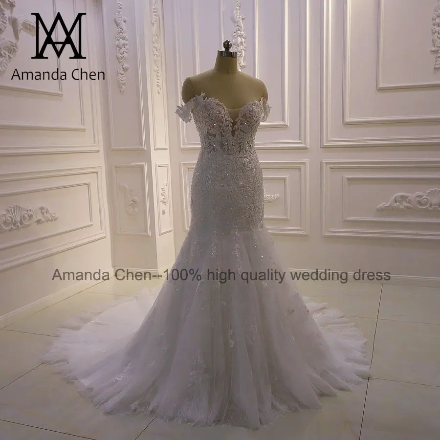 High Quality Custom Made Off Shoulder Mermaid Sheer Wedding Dress