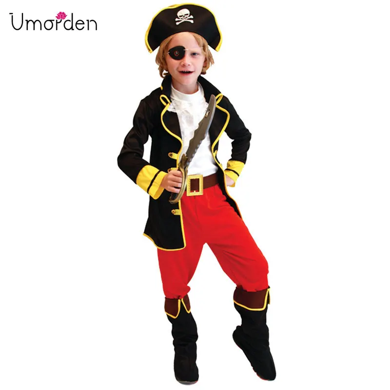 Umorden Kids Children Caribbean Pirates Captain Costumes for Boys Halloween Purim Fancy Dress Full Set With Knife 4-10Y