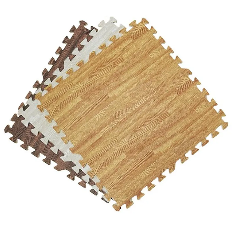 12 Pieces Printed Wood Grain Interlocking Floor Tiles 3/8-Inch Thick EVA Foam Grey Puzzle Floor Mat