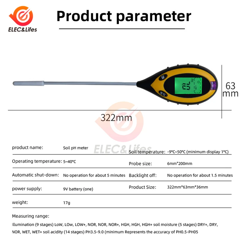 4 in 1 Soil pH Tester PH Light Moisture Acidity Tester Soil Tester Moisture Meter Plant Soil Tester for Flowers Garden+battery