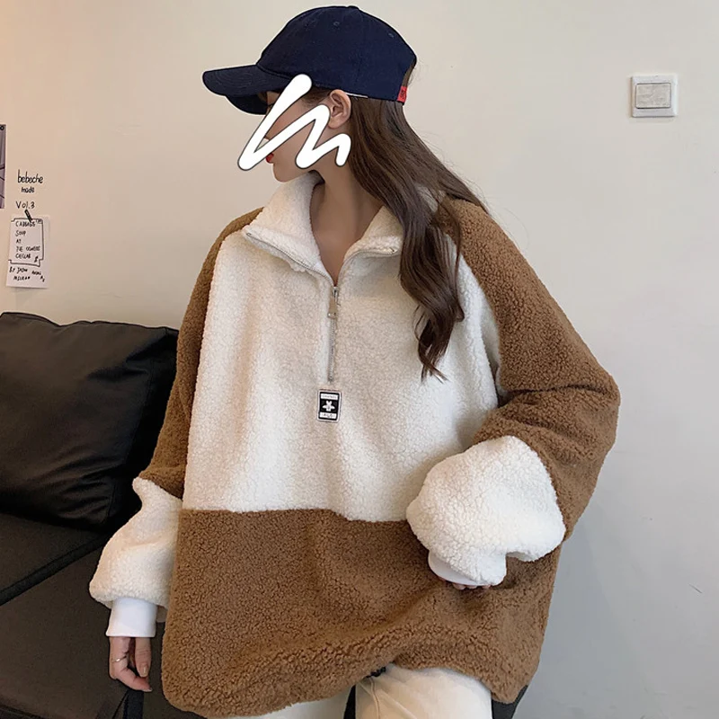 

New Product Winter Lamb Wool Women Clothes Stand-up Collar Coat Sweatshirt Stitching Color Harajuku Zipper Loose Pullover Female