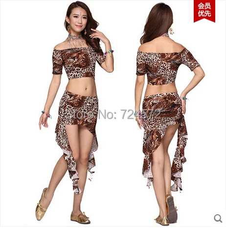 Belly dance costume leopard Peacock top+milk silk short skirt 2pcs/set for belly dancing set