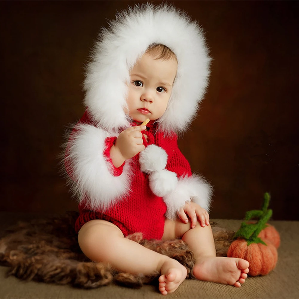 Newborn Christmas Outfits For Photography Props Store Accessories Red Crochet Hat+Knit Soft Rompers New Year Baby Photo Shoot