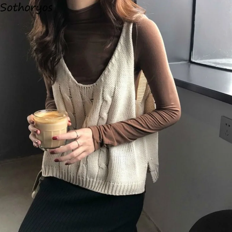 Autumn Solid Knitted Loose Casual Vest Women V-neck Sleeveless Sweaters All-match Fashion Simple Korean-style Lovely Girls Chic