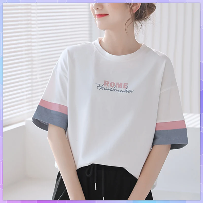 Tshirt  Casual Letter Print Striped cotton Tees Loose T-shirt Women's Short-sleeved Oversize Top 2021 Summer Korean Tee Shirt