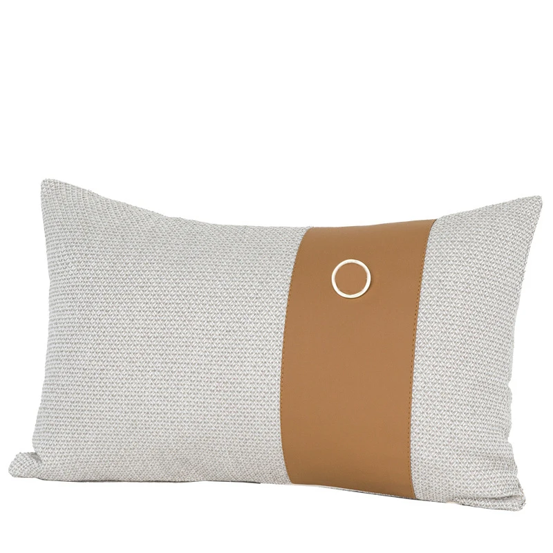 

Cushion Cover Pillowcase Without Core Off-white Cotton and Linen Texture Stitching Brown Leather with Metal Buckle Decoration