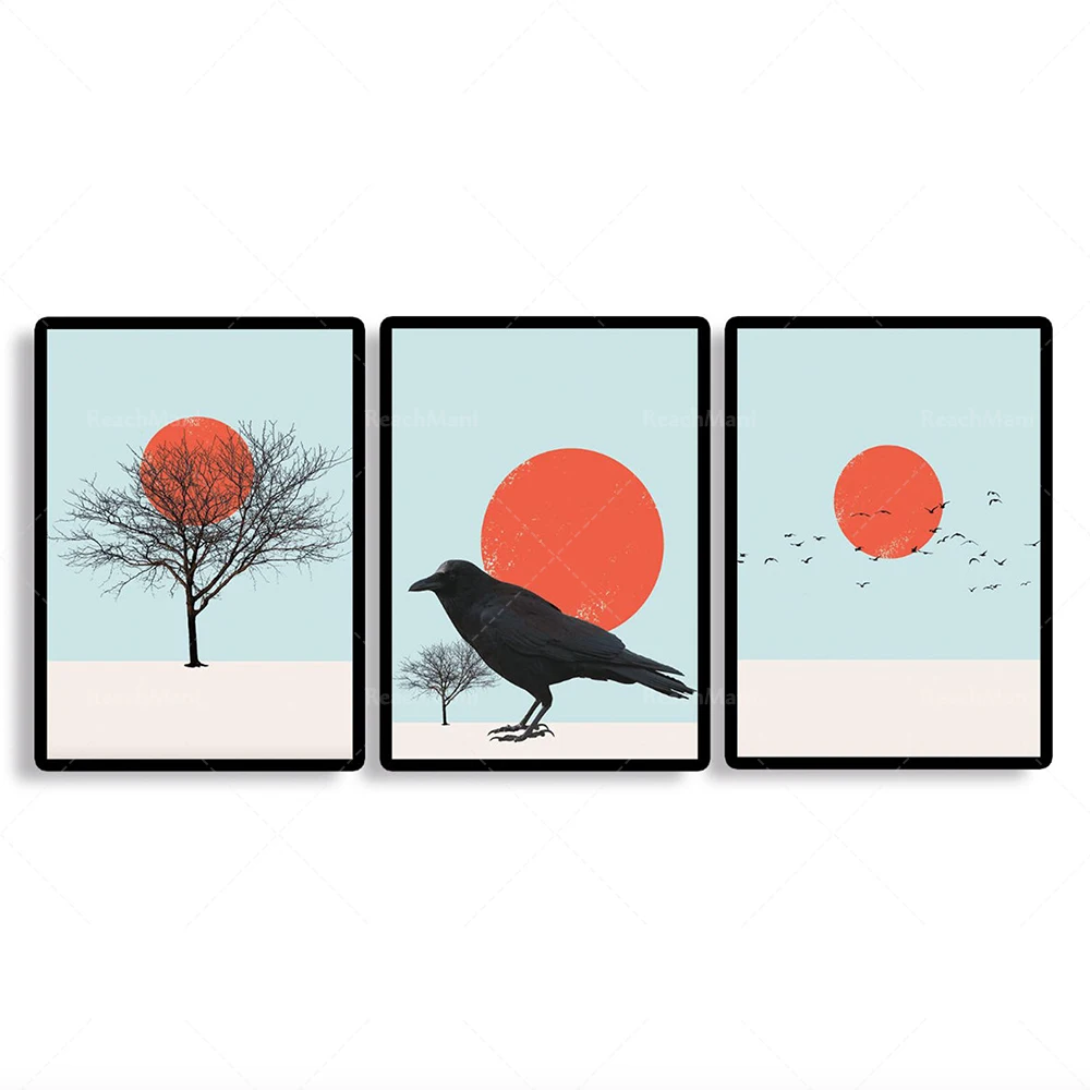 Three in one, crow, bird flock, desert, sunset, dawn, dusk, printed poster, study decoration poster