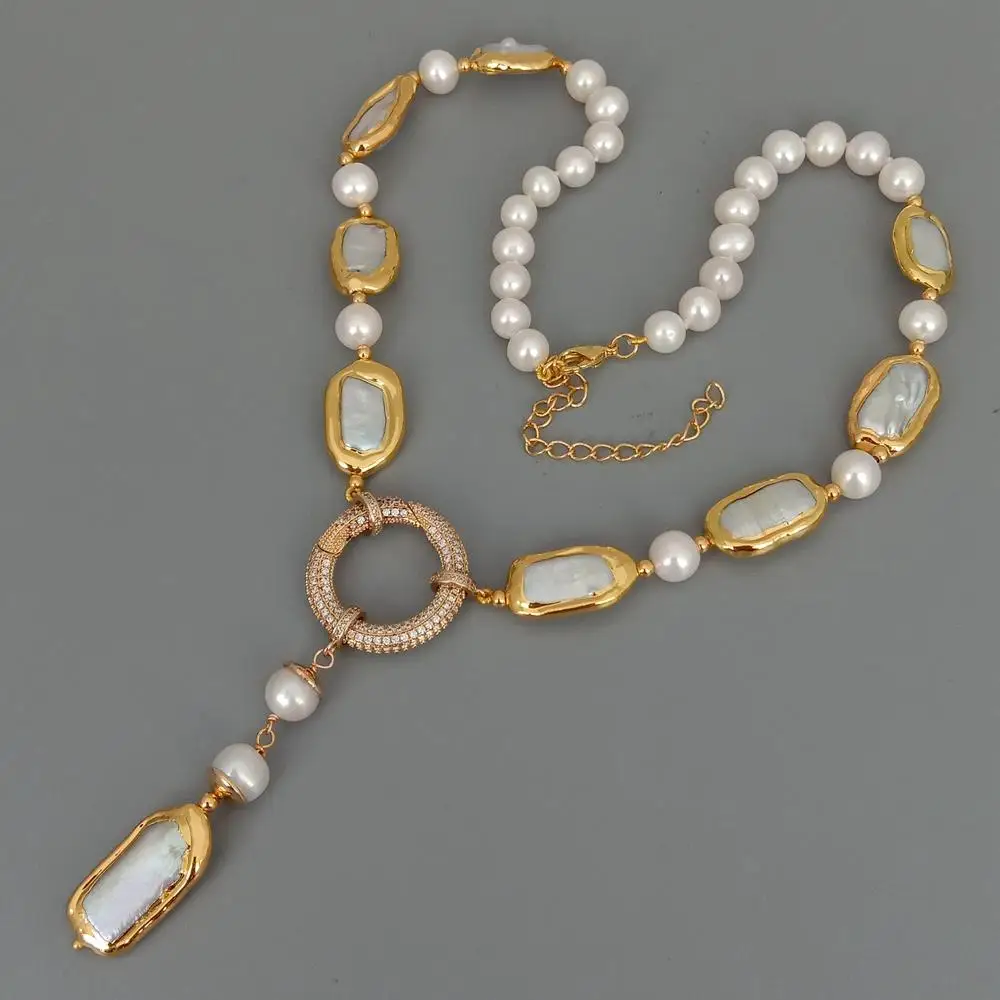 YYGEM natural 8-9mm Round Rectangle Cultured White Biwa Pearl  Round  Freshwater Pearl Y-Drop Necklace 18.5\