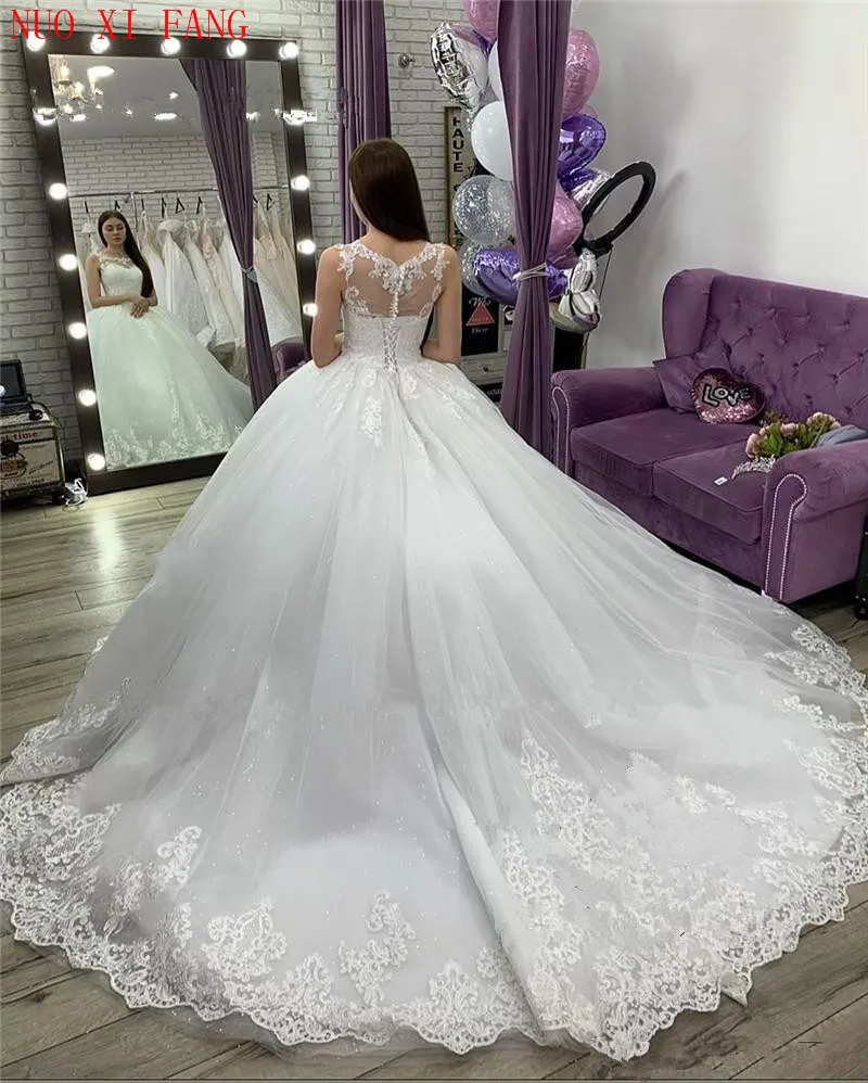 Princesa vestido de novia renda applique vestido de baile casamento 2022 árabe vintage plus size lantejoulas branco inchado tule nupcial