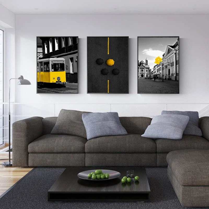 Black Yellow Train Umbrella Balloon Animation Cartoon Canvas Painting Art Print Poster Wall Decor Picture Child Bedroom Decora