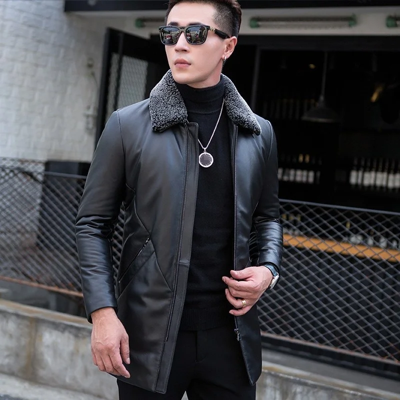 Genuine Winter Leather Warm Jacket Men Brand Real Wool Collar Detachable Zipper Medium Long Coat Black Casual Business Outerwear