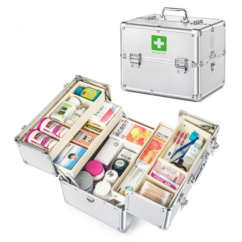 Medicine Organizer Box Three-Layer 14 Inch Aluminum Alloy With Double-Opening And Lock For Family Safe Store Drug Emergency Ktt