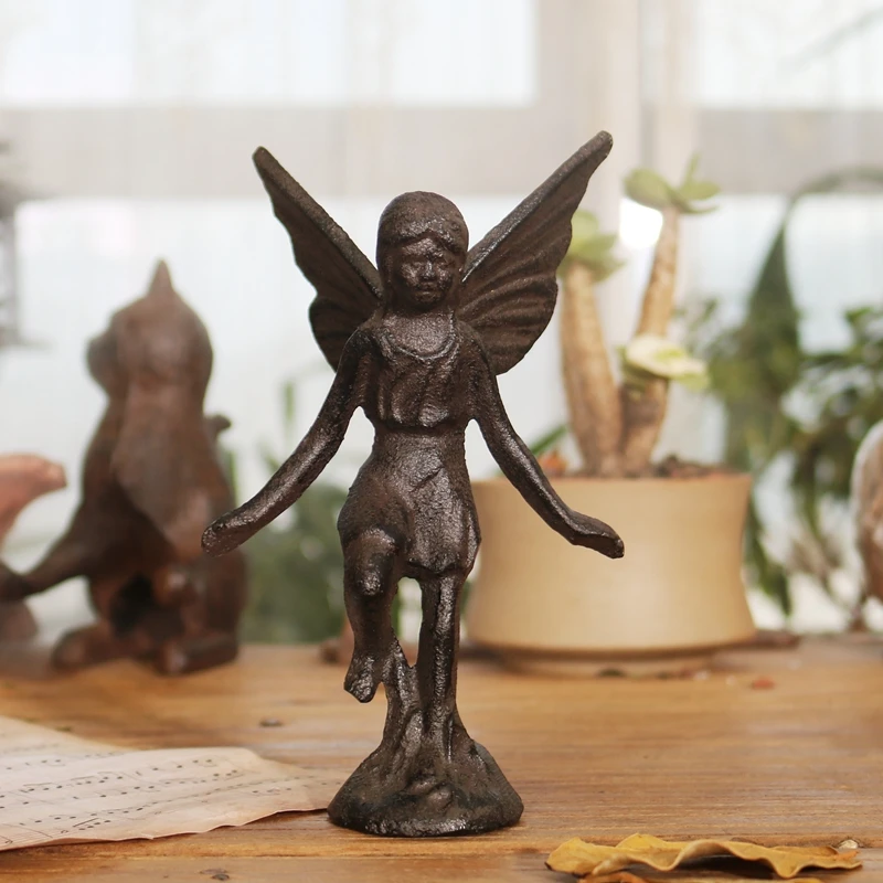Cast Iron Fairy Statue With Round Sturdy Bottom Base Farm House Collection Garden Home Office Desk Decor Handmade Angel Figurine