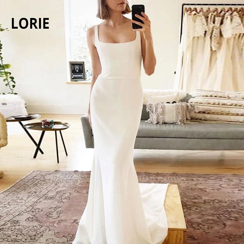 LORIE Spaghetti Strap Boho abito da sposa sirena macchia morbida treno lungo abiti da sposa Backless senza maniche abito lungo semplice