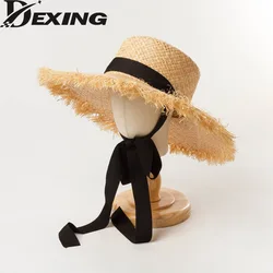 Women Raffia Straw hat  summer Sun Hats Fashion Ribbon Girl  52cm Kids  Wide brim  Uv Protection Ladies  Beach Hats