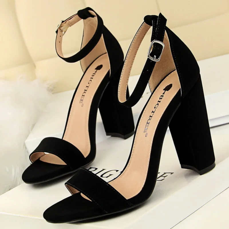 Summer Women Sandals Pumps Ankle Strap Square High Heels Sandalias Mujer Flock Open Toe Sexy Shoes Woman Plus Size 34-43 WSH4121