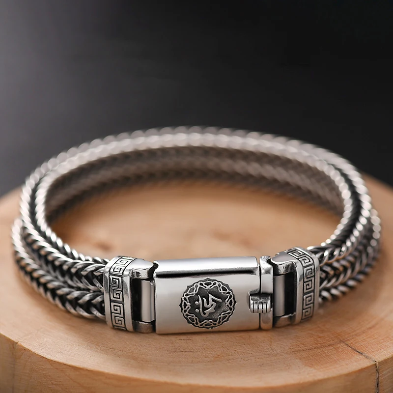 HX Hand-Woven Silver Men's Bracelet Fashion Trend Personality Chinese Style Retro Creative Thai Silver Jewelry Accessories