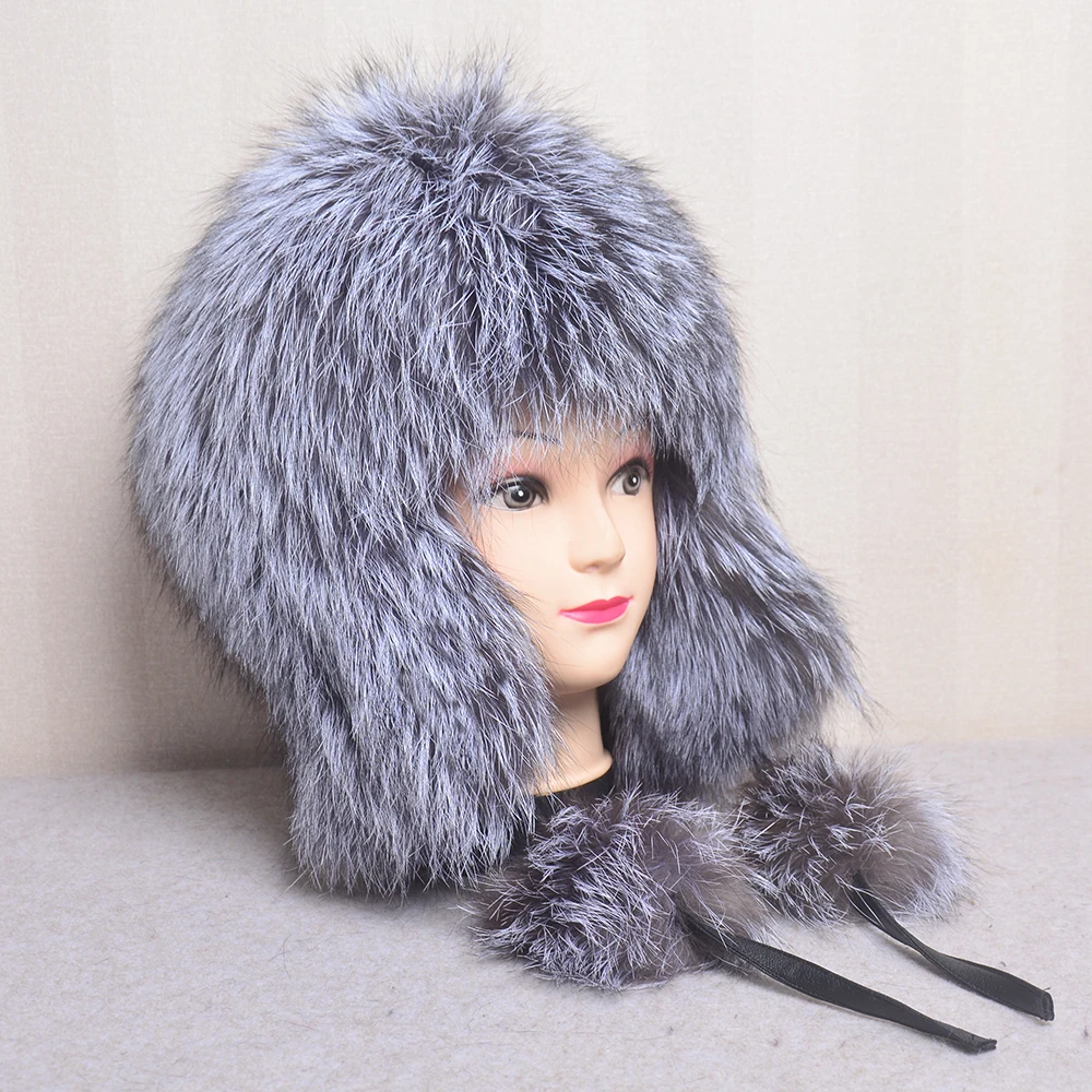 Natural Fox Fur Hats for Women Real Fur Beanies Cap Knitted Hats Russian Winter Thick Warm Fashion Caps Silver Fox Fur Hats lady