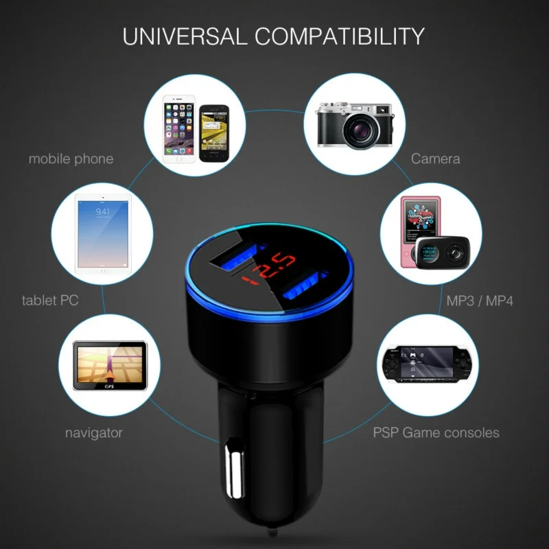 Car Charger Dual USB QC 3.0 Adapter Cigarette Lighter LED Voltmeter For All Types Mobile Phone Charger Smart Dual USB Charging