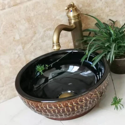 

Bathroom Round Ceramic Vessel Sink Vanity Artistic Basin with Pop up Drain Combo AB259