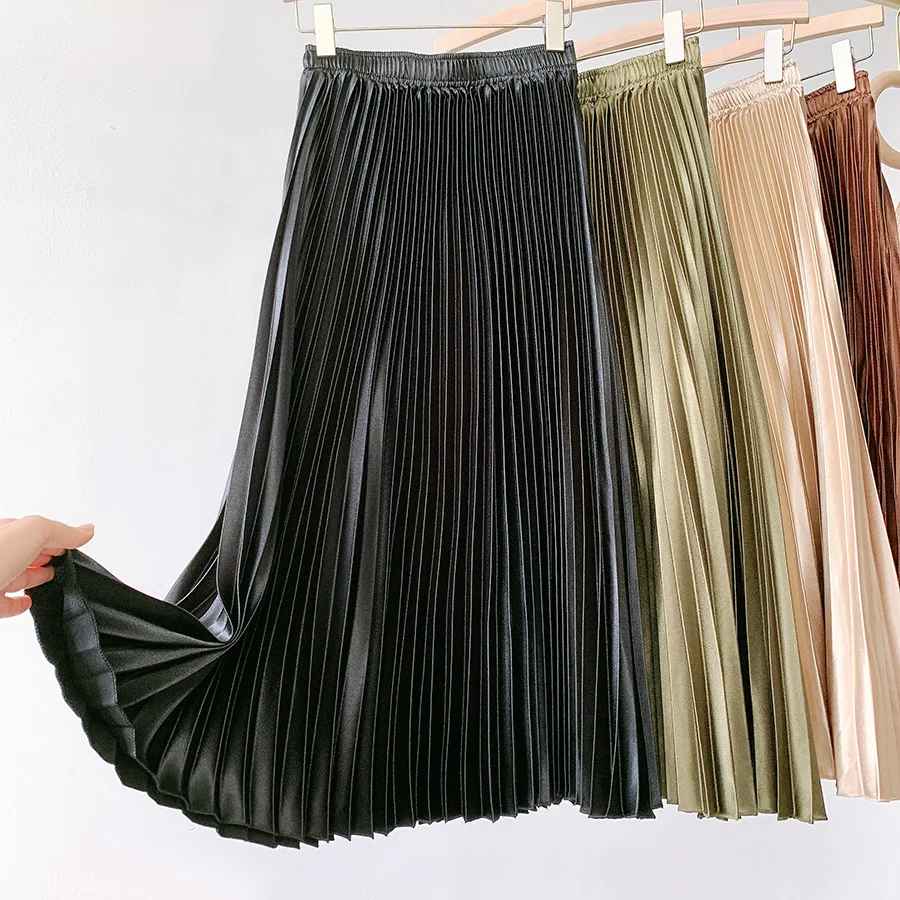 Black Satin Midi Skirt 2021 Summer Women Fashion Elastic High Waist Metallic Pleated Skirt Lady Vintage Loose A Line Long Skirts