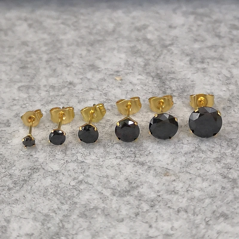 Black AAA Zircon 316 L Stainless Steel Brief Stud Earrings For Men And Women Size From 3mm to 8mm