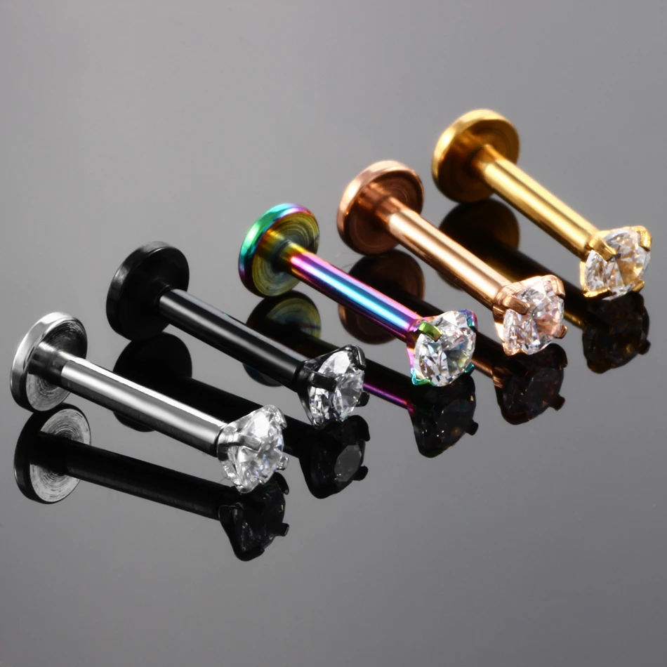 1PC Colorful Labret Lip Ring Zircon Internally Threaded Prong Gem 16G Tragus Helix Ear Piercings Earring Cartilage Women Jewelry