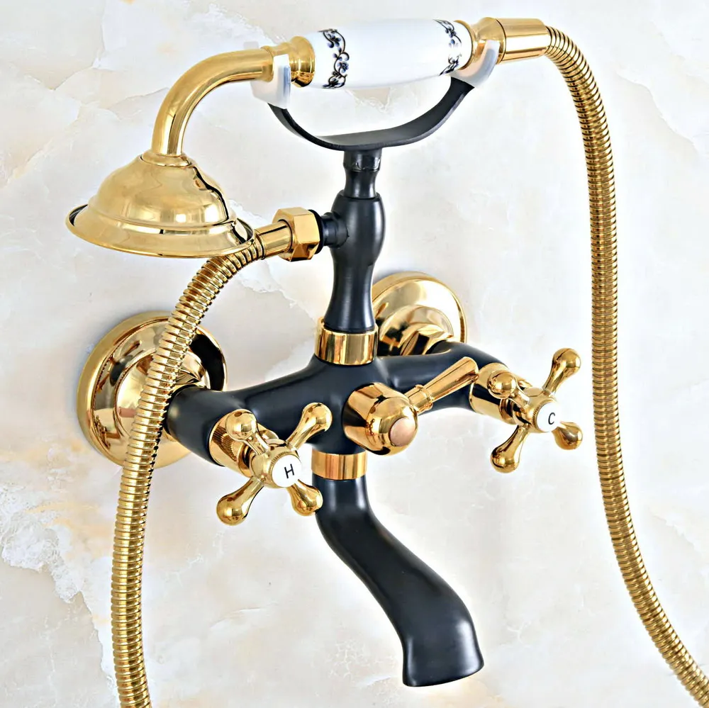 

Black Gold Bathtub Mixer Faucet Dual Handle Bath Shower Set with Hand Shower Swivel Tub Spout zna463