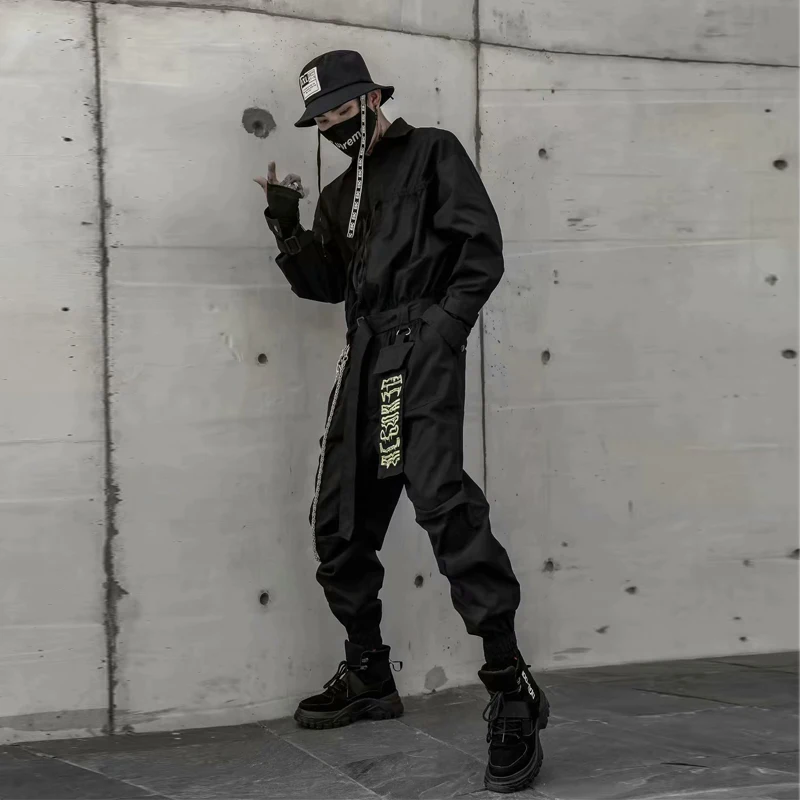 Manga longa gola hip hop japonês retro masculino terno macacão macacão 2020 cor sólida seção fina impressão preto azul macacão