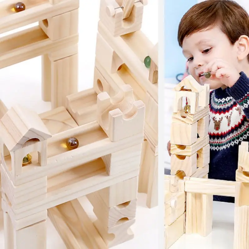 60pcs Wooden Marble Track Assembly Building Blocks Run Maze Ball Puzzle Children Educational Toys Kids Gift