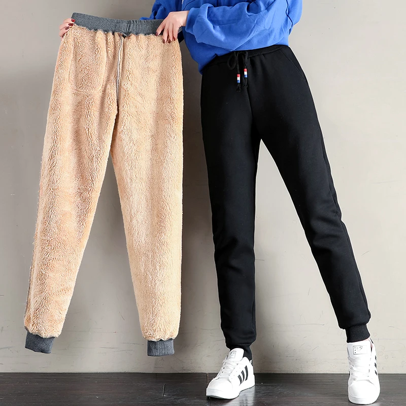 OUMENGKA Women Winter Thick Lambskin Cashmere Pants Warm Female Casual Cotton Pants Loose Harlan Long Trousers S-5XL 3XL 4XL