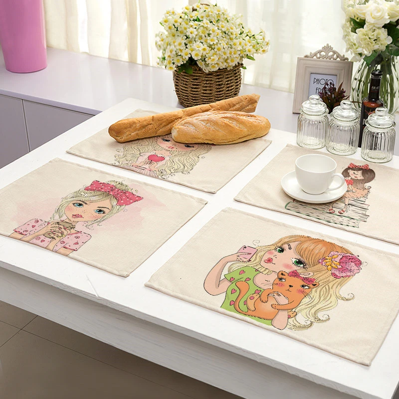 1Pcs Cute Girl Cotton Linen Pad Pattern Kitchen Placemat Kawaii Coaster Bowl Cup Mat Dining Table Mats 42*32cm Home Decor PM0044