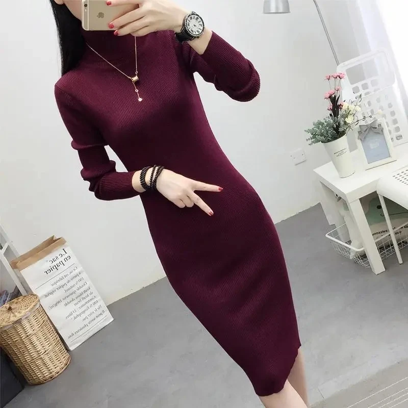 

2021 New Women Autumn Winter Turtleneck Knitted Long Sleeve Solid Dress Female Bodycon Elasticity Sexy Slim Sweater Dress