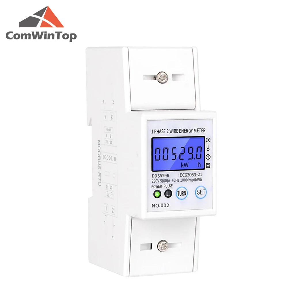 Intelligent RS485 Electric Power Meter Single Phase 2 Wire Energy Meter DIN Rail Mounting LCD Backlight Display AC 230V 5-80A