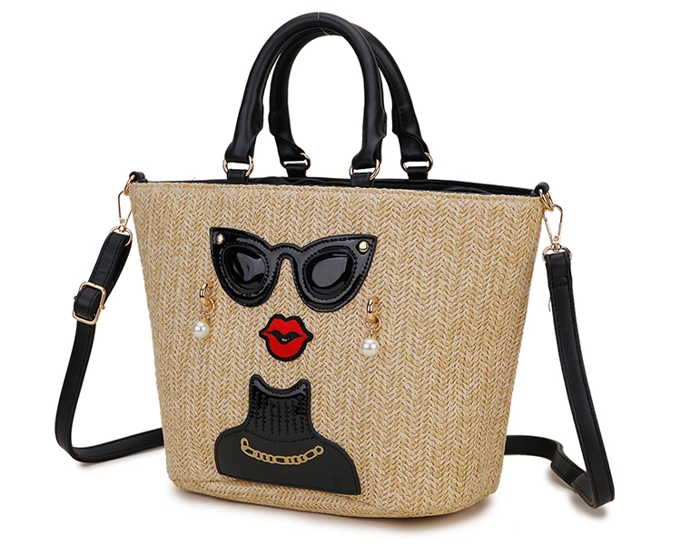 Straw Character Badge Pattern Women Vacation Totes Purses and Handbags Crossbody Messenger Bag for Girl Shoulder Bag Designer