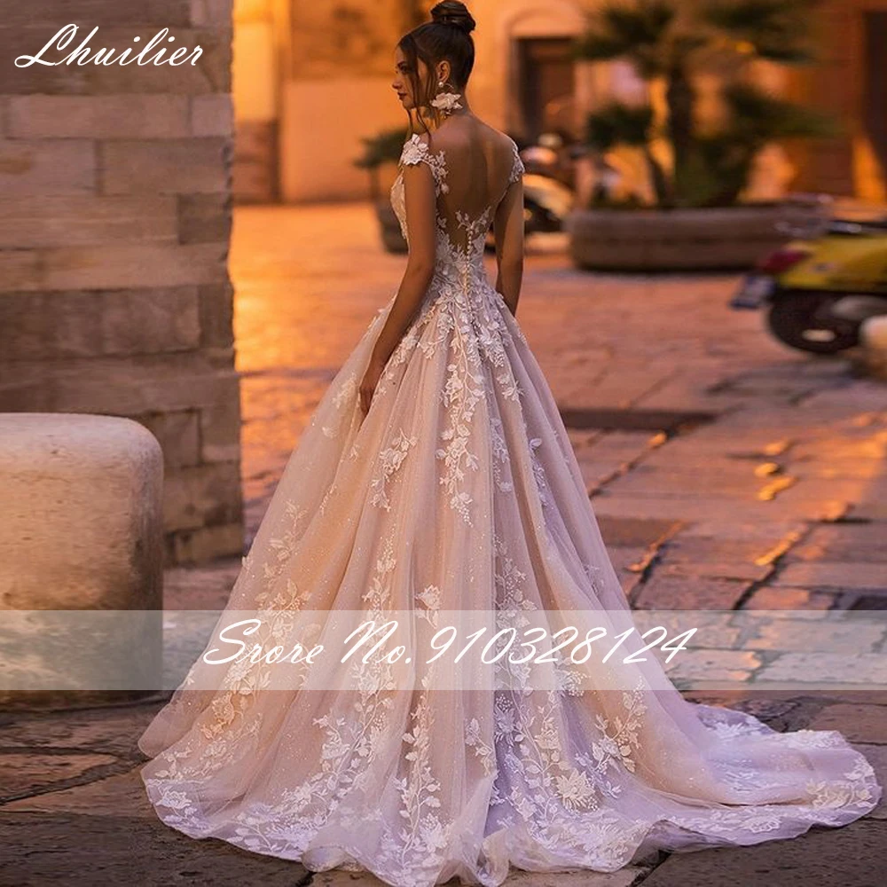 Lhuilier A Line abiti da sposa Glitter scollo tondo lunghezza pavimento abiti da sposa corte treno con applicazioni di pizzo