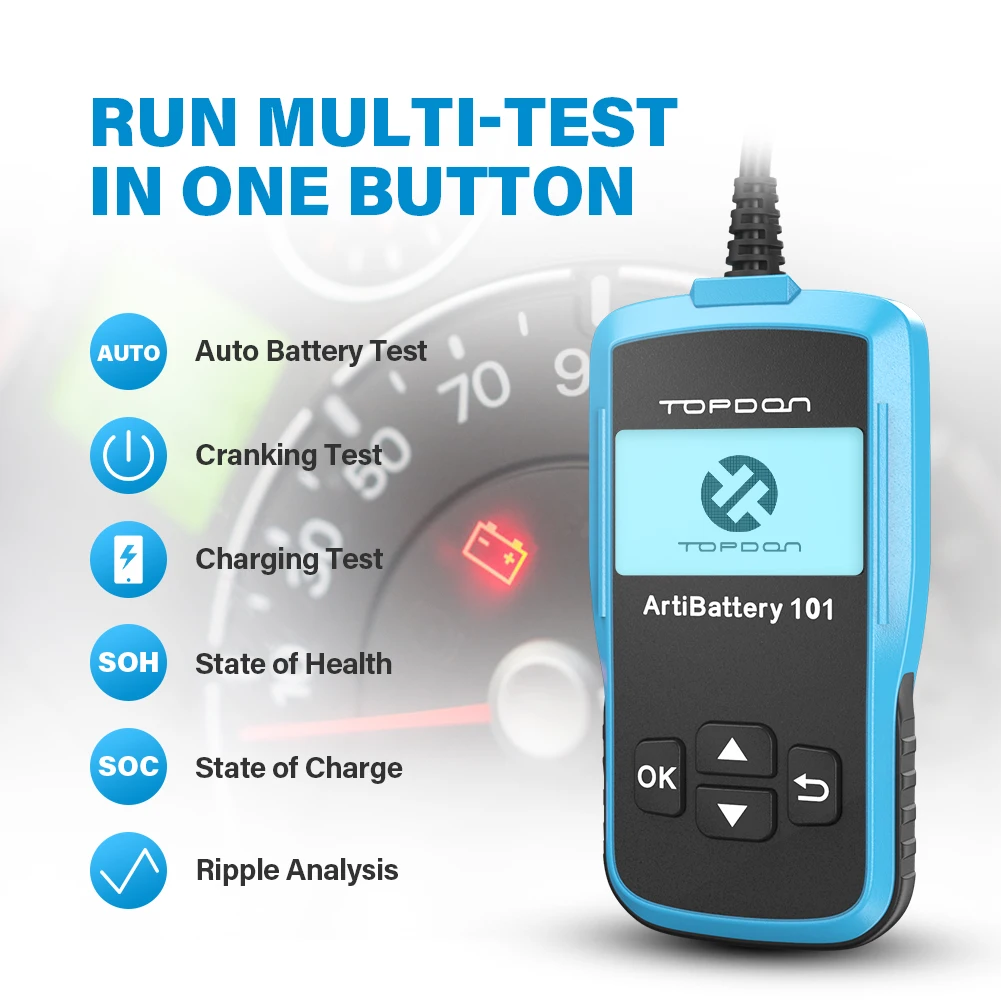 TOPDON-AB101 Digital Battery Tester 12V Monitor de Bateria De Carro Portátil, Cranking e Carregamento Tester Circuito, Analisador Automático, Veículo