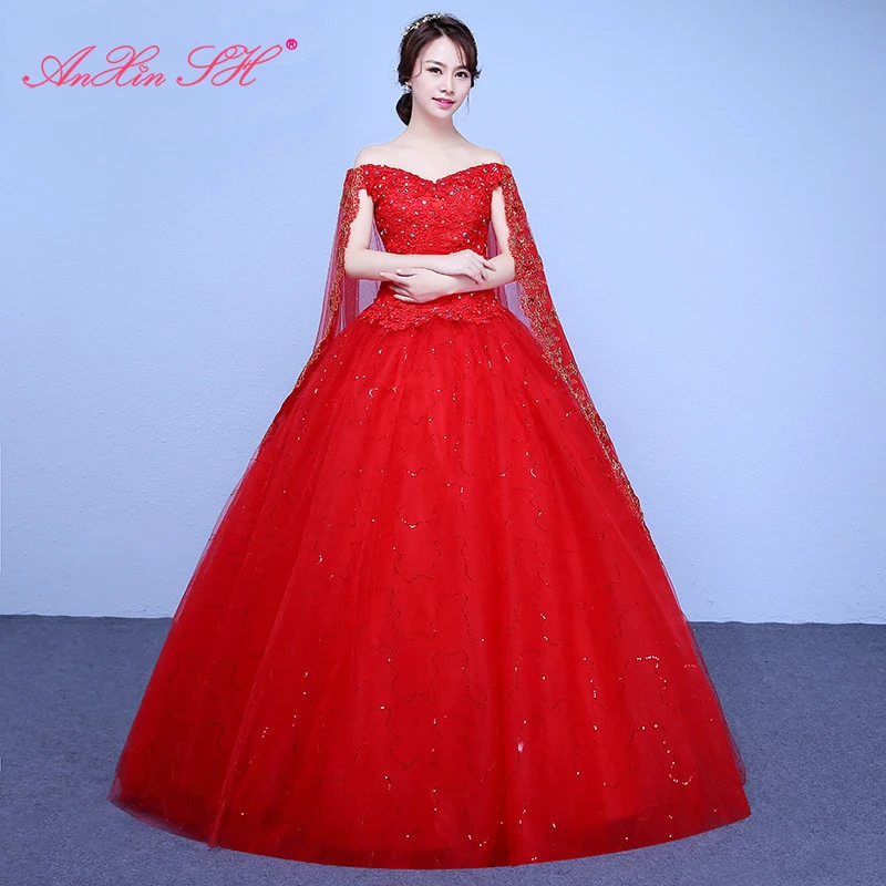 AnXin SH-Robe de mariée personnalisée en dentelle rouge, vintage, col bateau, cristal perlé avec vue, princesse de dinde, blanc