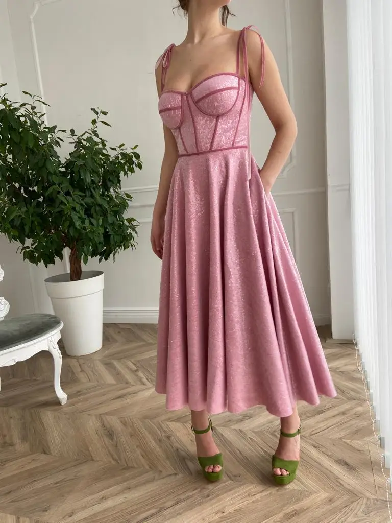 

Pink Moroccan Prom Dresses A-line Spaghetti Straps Ankle Length Sequins Sparkle Robe De Soiree Prom Gown Evening Dresses