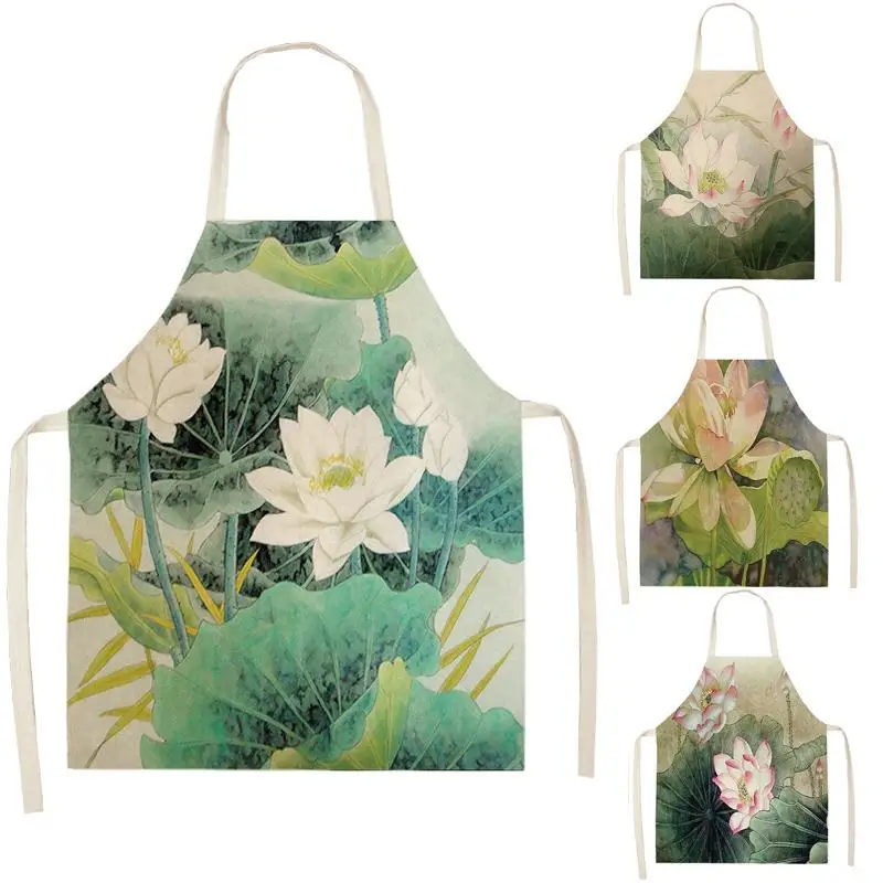 1 Pcs Flower Lotus Pattern Women Lady Apron for Home Kitchen Restaurant Cooking Bib Aprons Catering Anti-Fouling WQ180