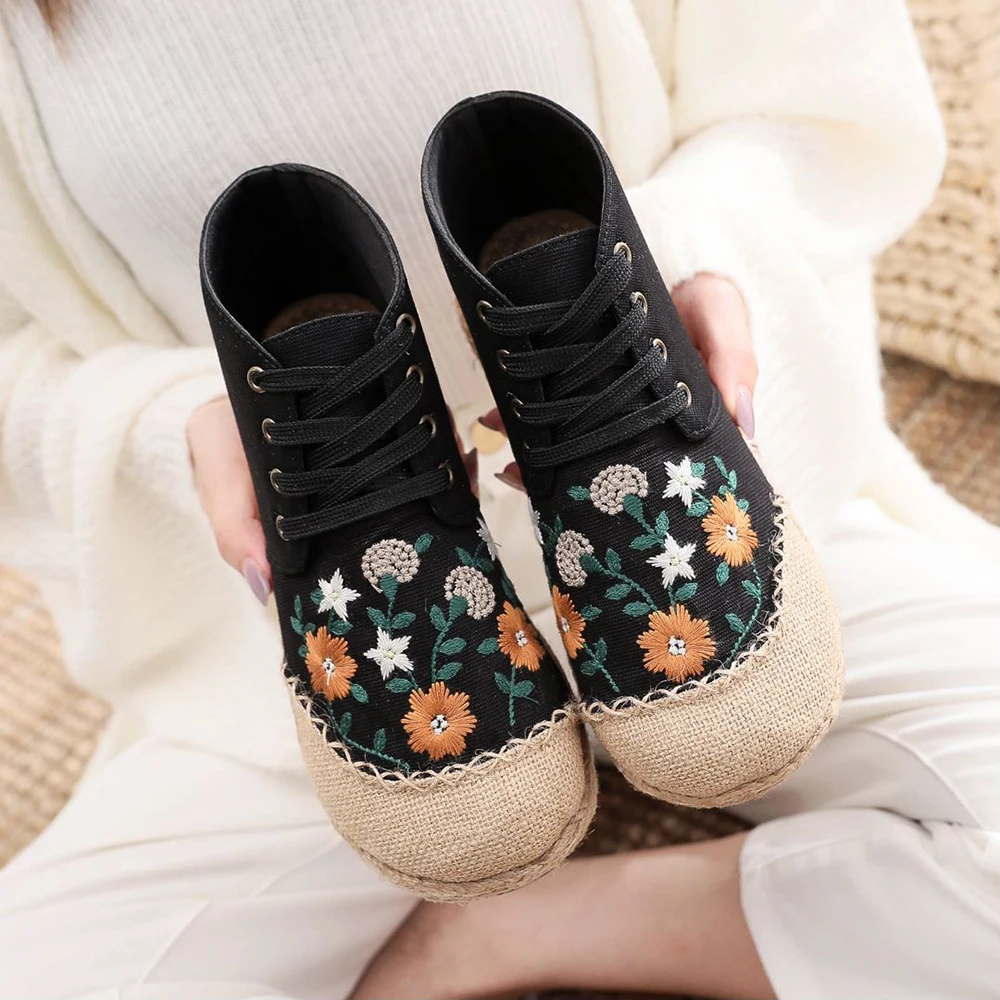 Veowalk Daisy Embroidered Women Linen Cotton High Top Lace Up Espadrilles Sneakers Ladies Comfortable Casual Flat Booties Shoes