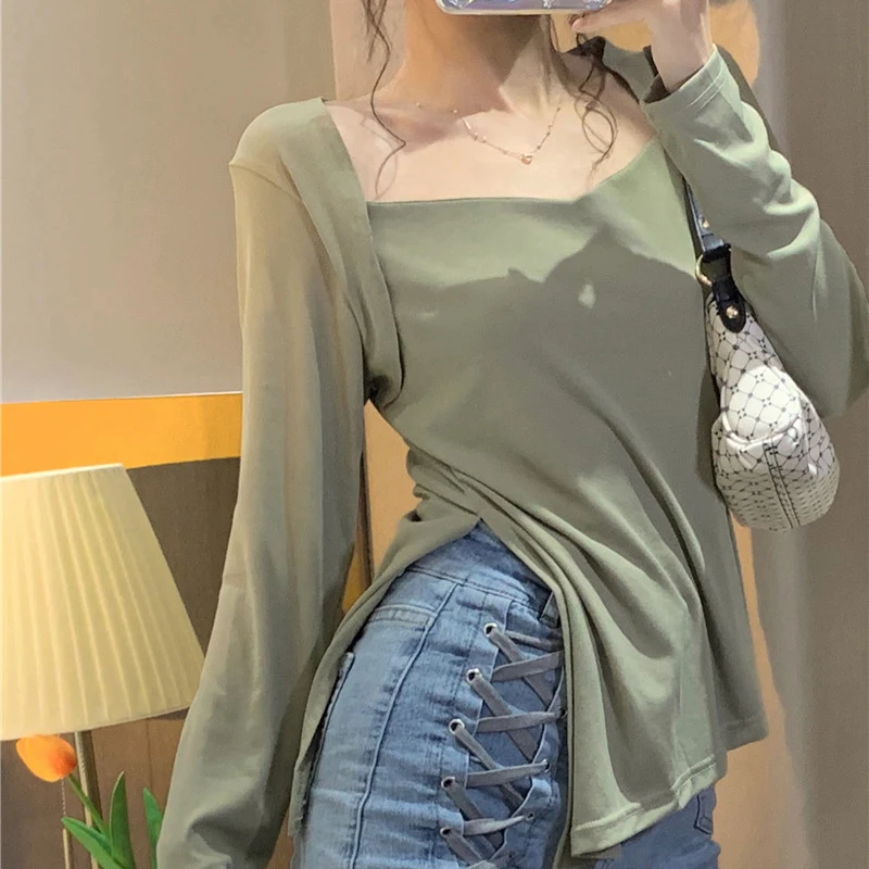 

Basic Square Collar Women Short T-Shirts Long Sleeves Casual Female Bottoming Tops Harajuku Commuting Slim All -Match Tshirts