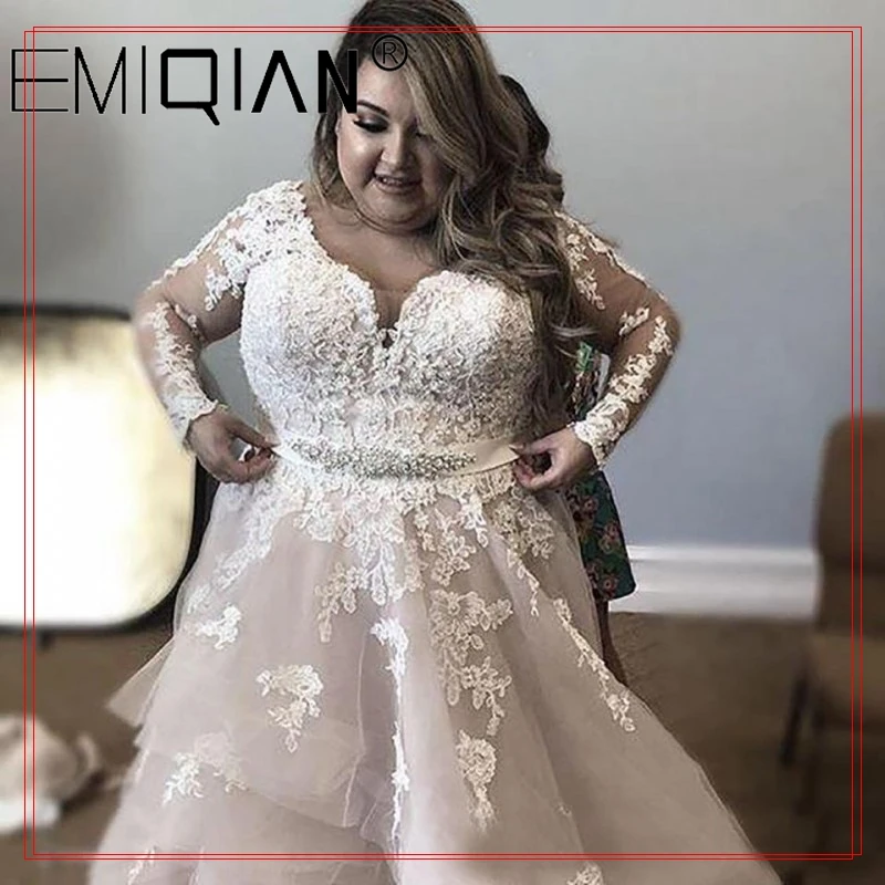 Plus size cristais rendas vestidos de casamento árabe com decote em v mangas compridas camadas vestidos de noiva qua vintage sexy vestidos de casamento