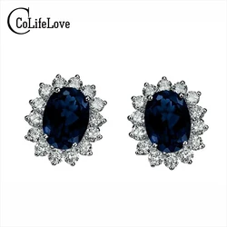 Classic Genuine Black Sapphire Earrings 925 Sterling Silver Earring for Woman Anniversary Gift Evening Party Earrings Silver